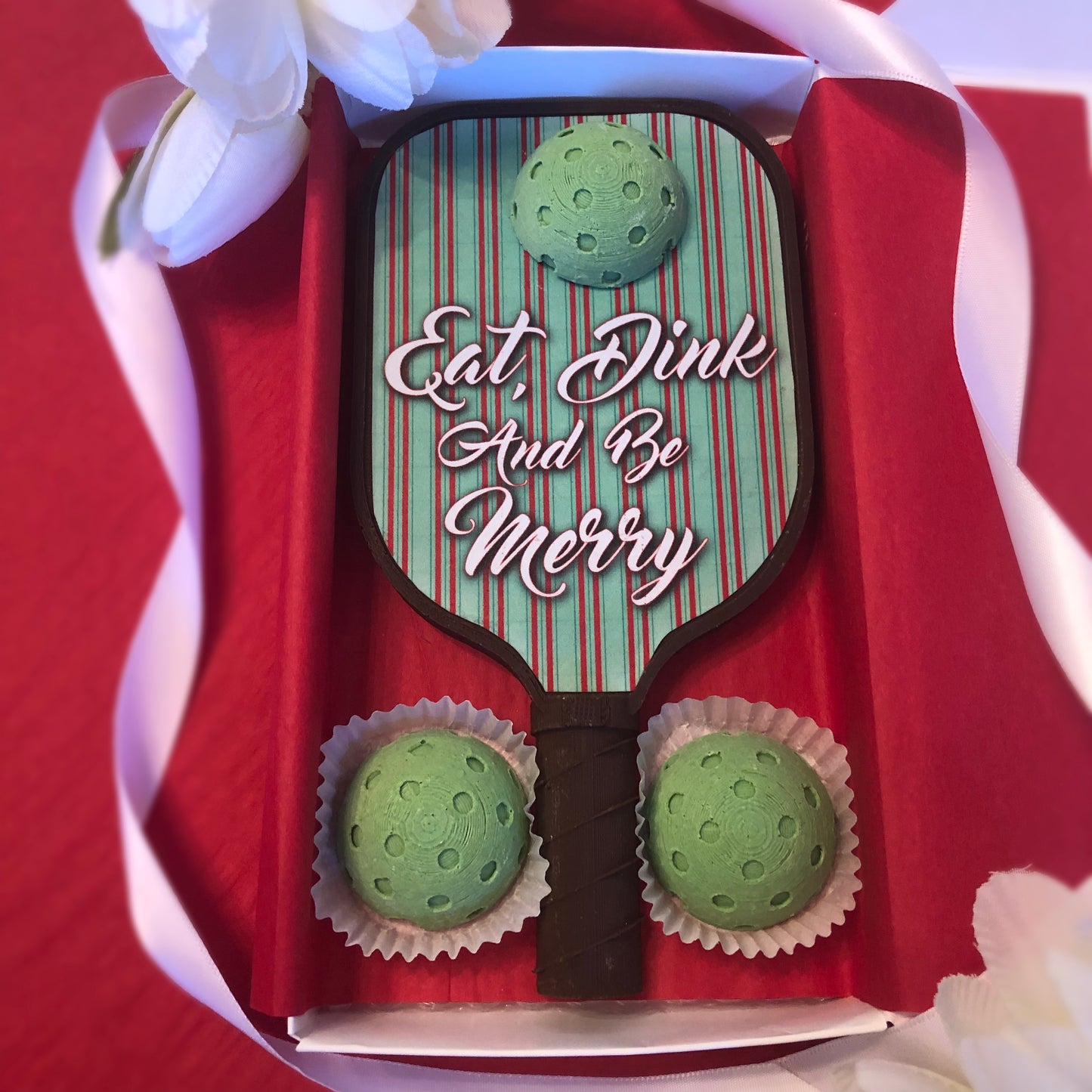 Chocolate Pickleball Paddle with Eat, Dink and Be Merry Graphic