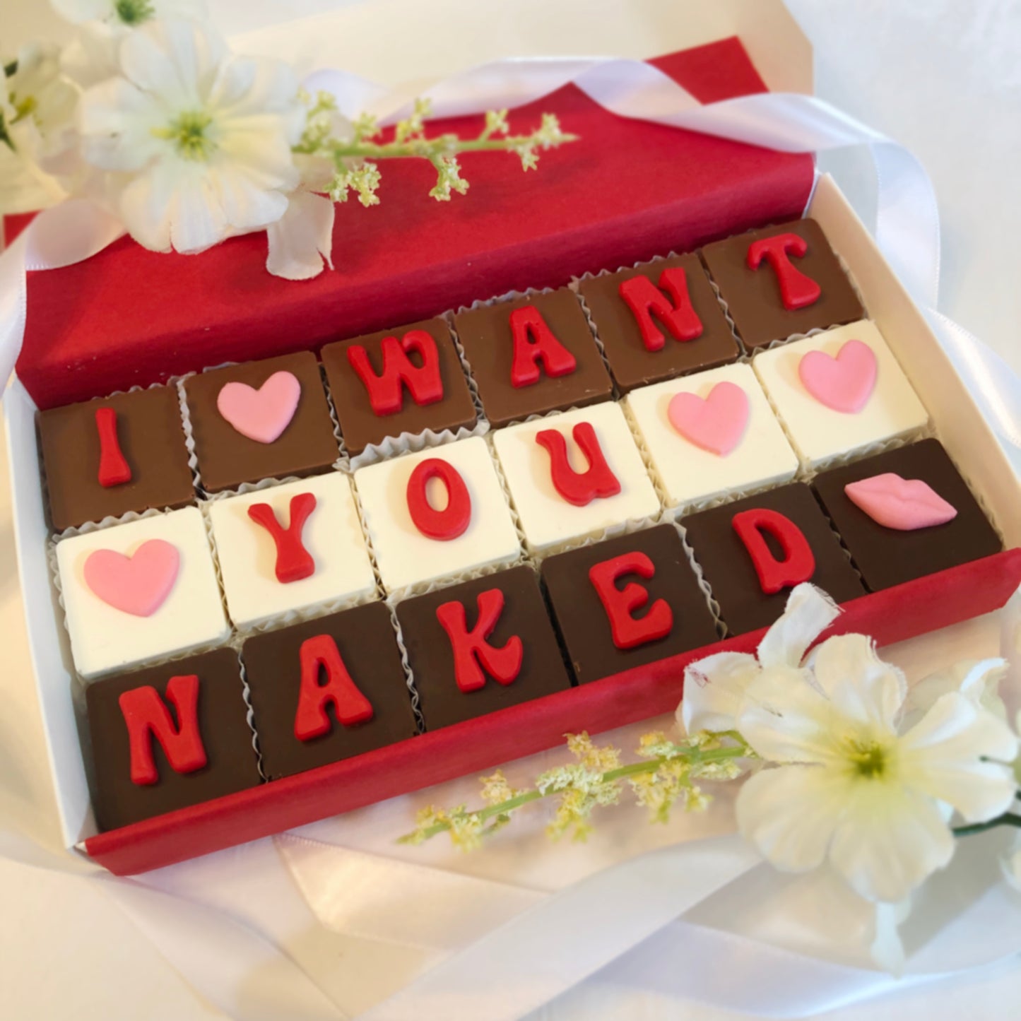 Lets Get Naked, I Want You Naked, and I Love You Naked Chocolate Message