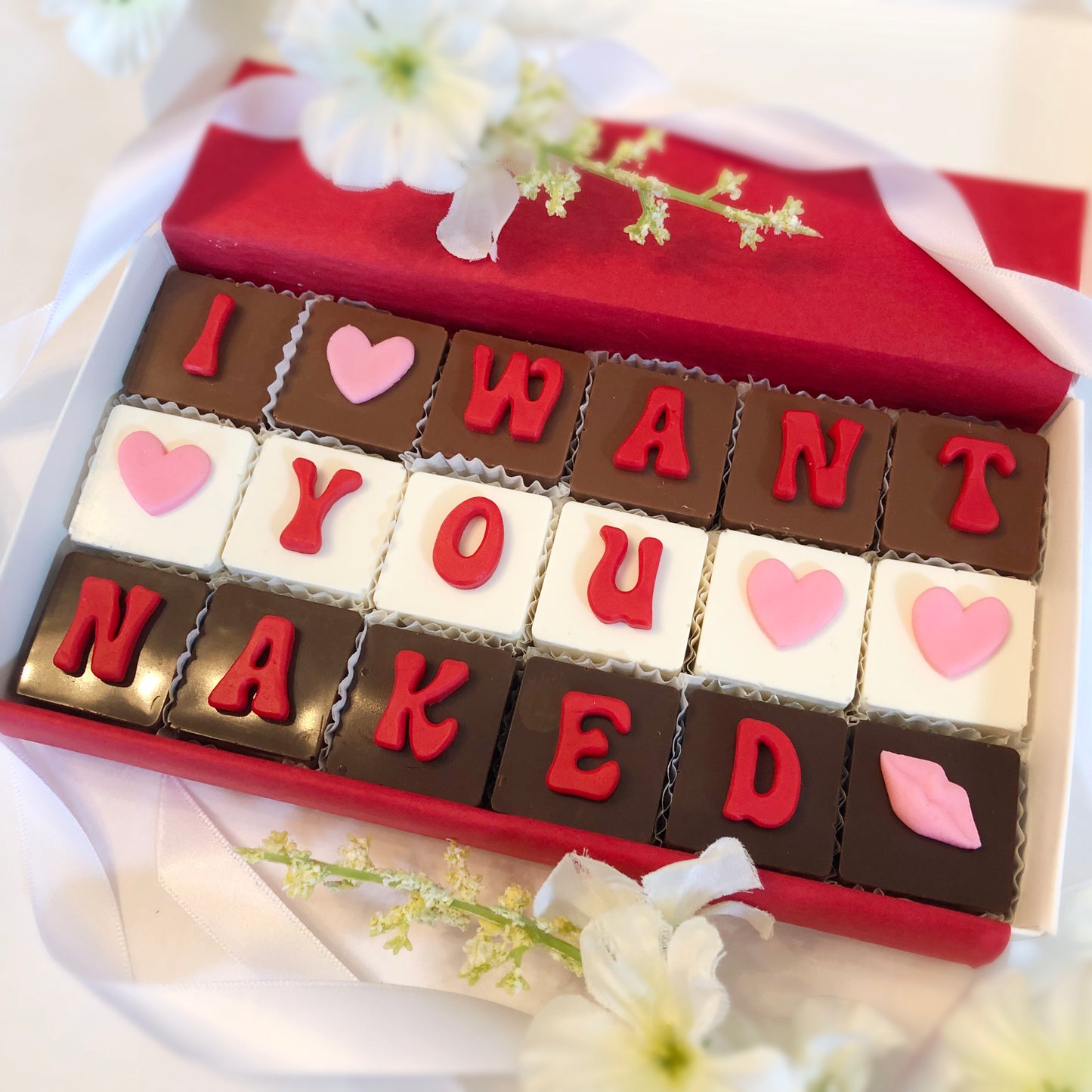 Lets Get Naked, I Want You Naked, and I Love You Naked Chocolate Message