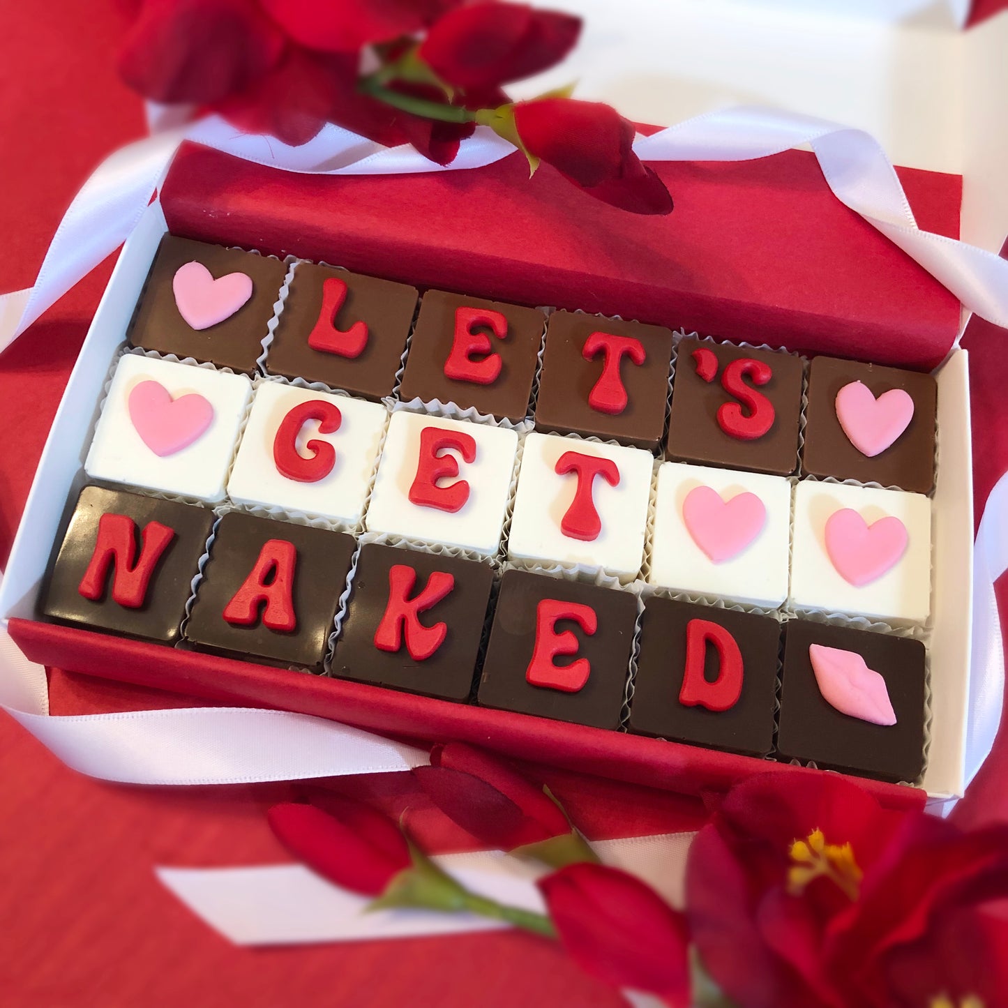 Lets Get Naked, I Want You Naked, and I Love You Naked Chocolate Message