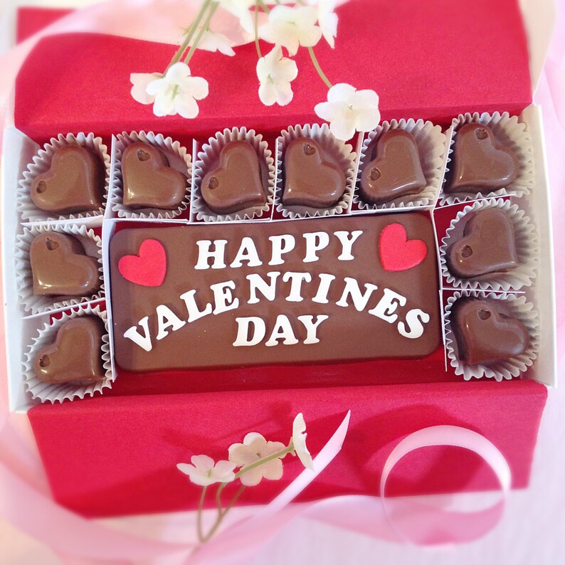 Happy Valentine's Day Worded Solid Chocolate Bar Surrounded by Solid Heart Shaped Chocolates