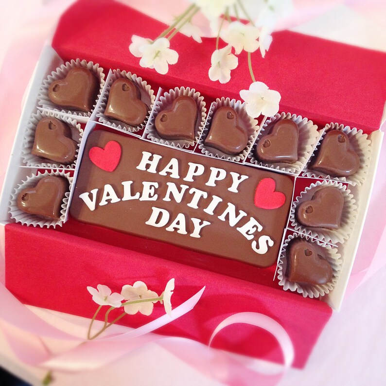 Happy Valentine's Day Worded Solid Chocolate Bar Surrounded by Solid Heart Shaped Chocolates