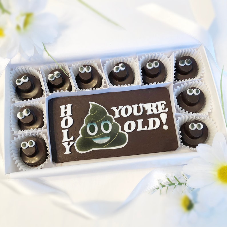 Holy Shit You're Old! Chocolates - Poop Emoji Birthday Chocolates
