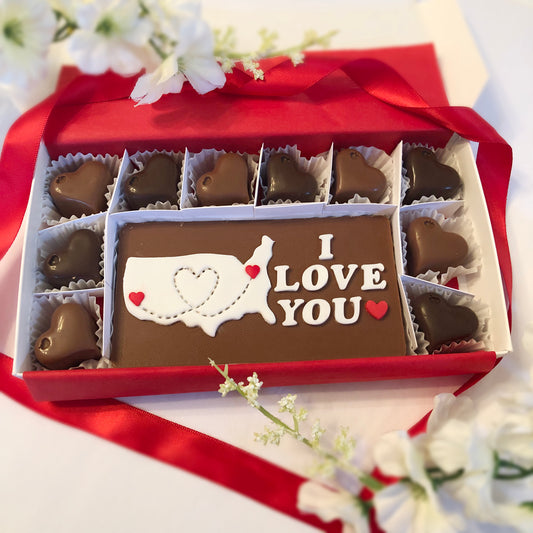 10 solid heart shaped chocolates surround a large solid chocolate bar. A fondant map shape shows two locations with hearts and the words "I love you"