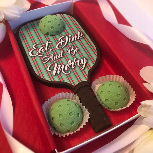 Chocolate Pickleball Paddle with Eat, Dink and Be Merry Graphic