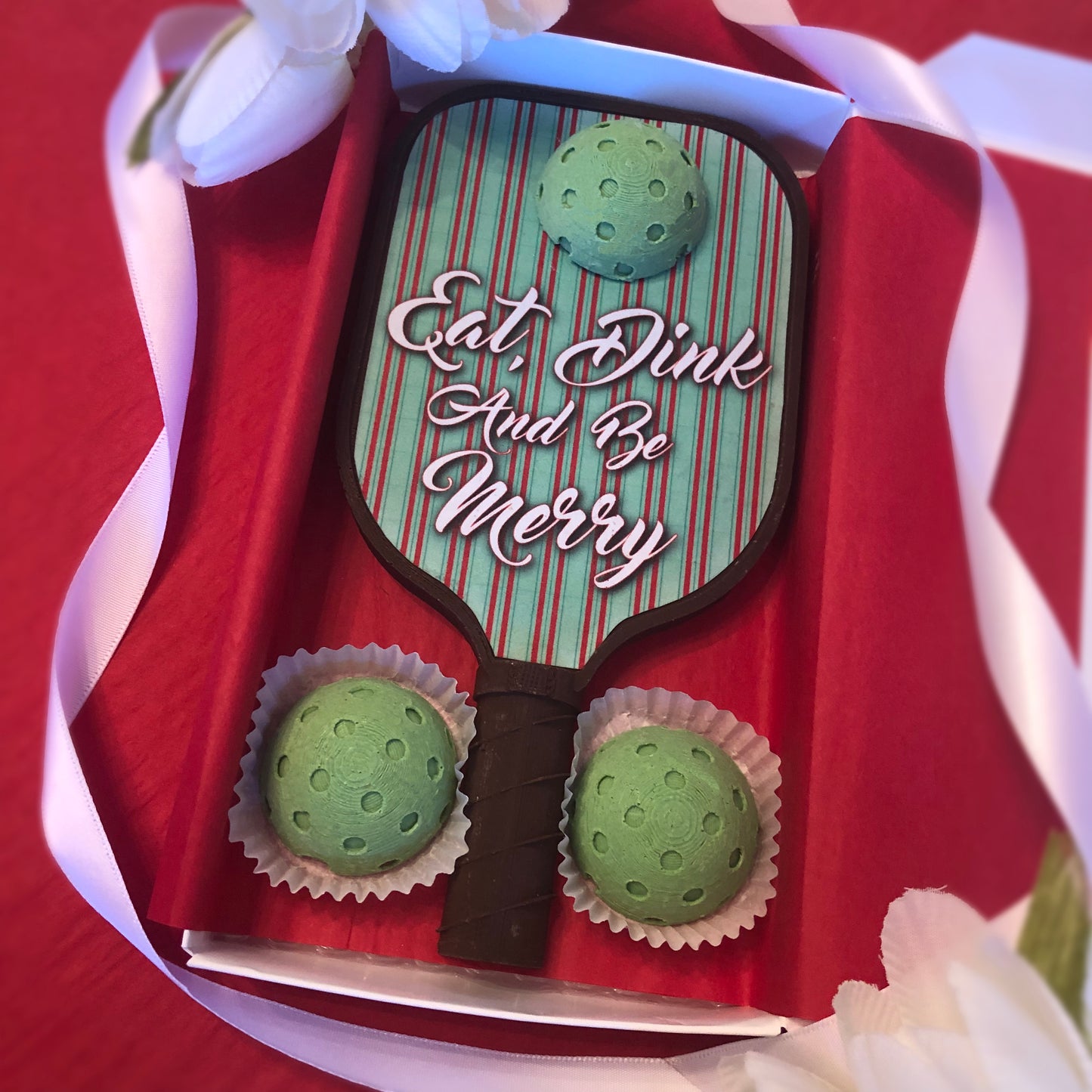 Chocolate Pickleball Paddle with Eat, Dink and Be Merry Graphic