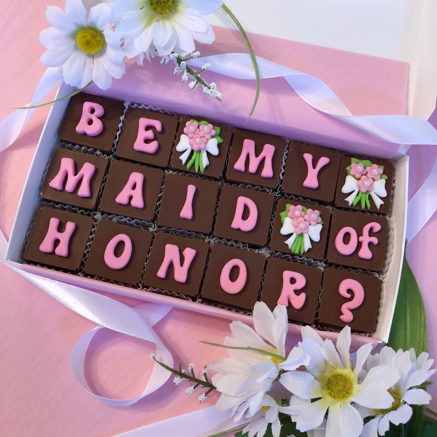 Maid of Honor Proposal Chocolates with Pearl Bouquets - Chocolate Bridal Party Proposal Box