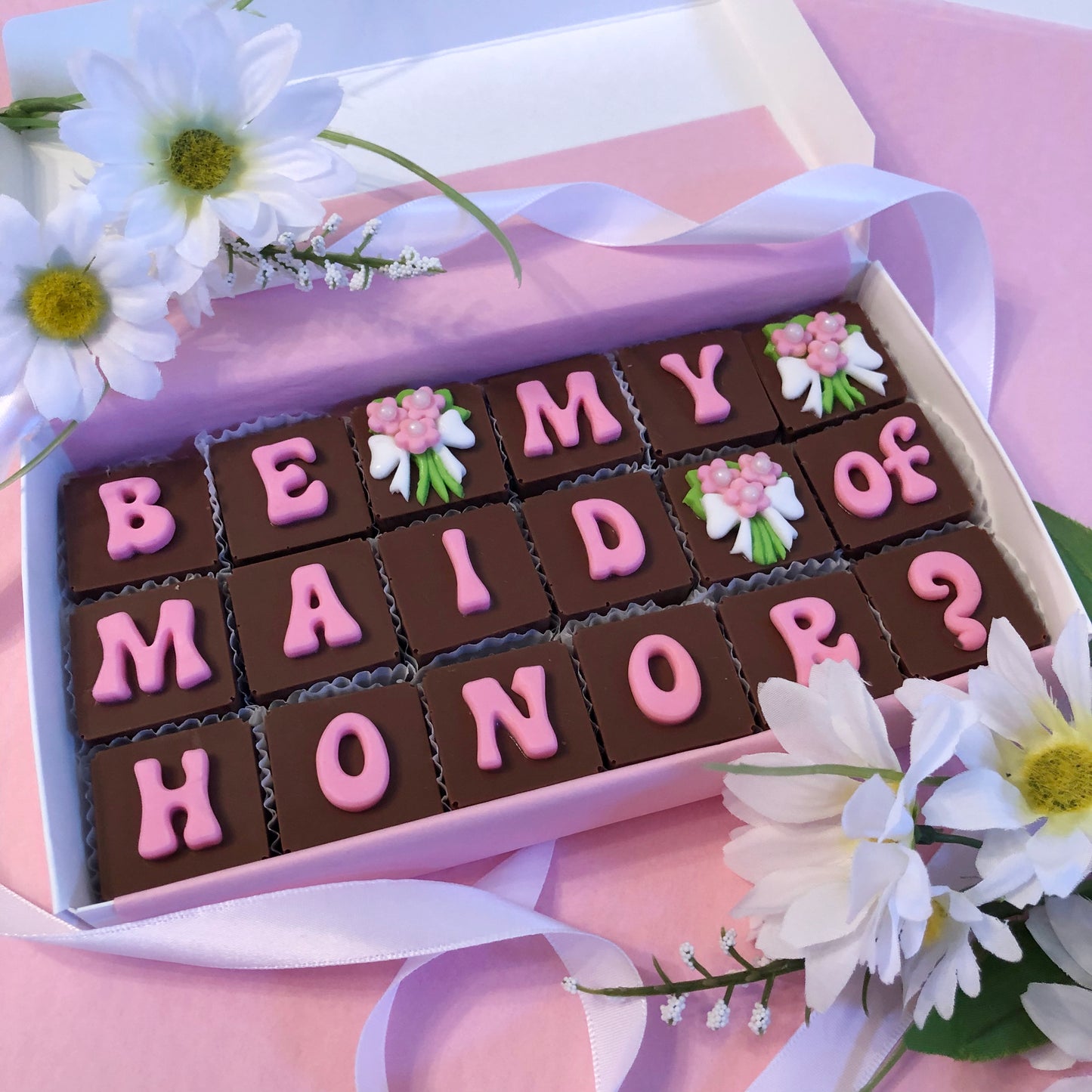 Maid of Honor Proposal Chocolates with Pearl Bouquets - Chocolate Bridal Party Proposal Box